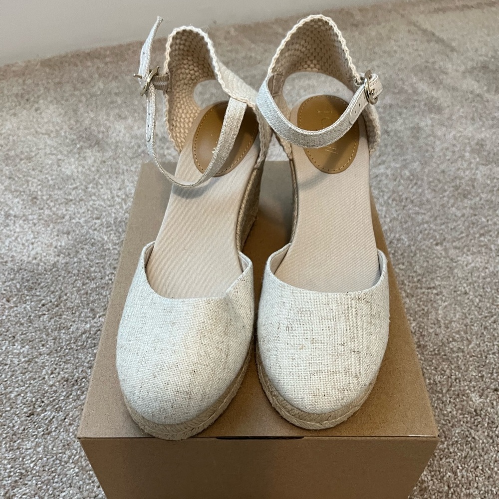 Neutral Linen-Look Ankle-Strap Wedge Espadrilles